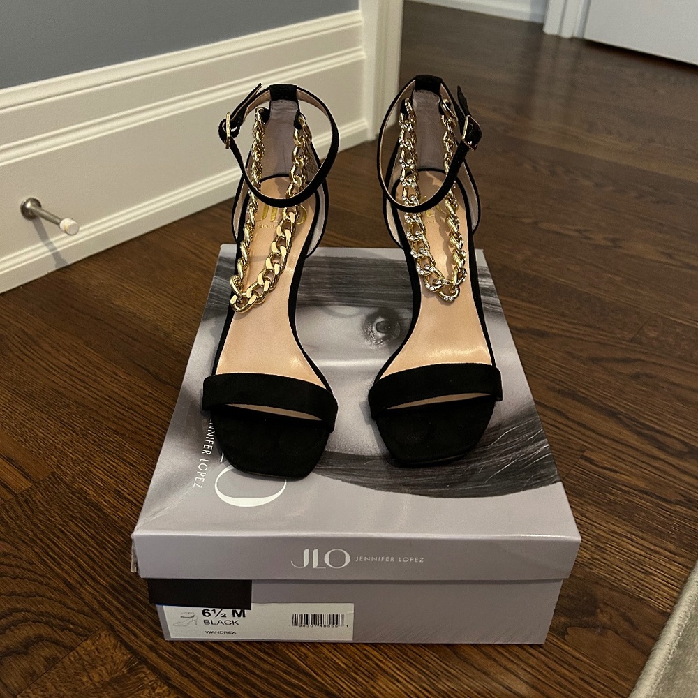 JLO Black Pumps with Gold Chain Detail